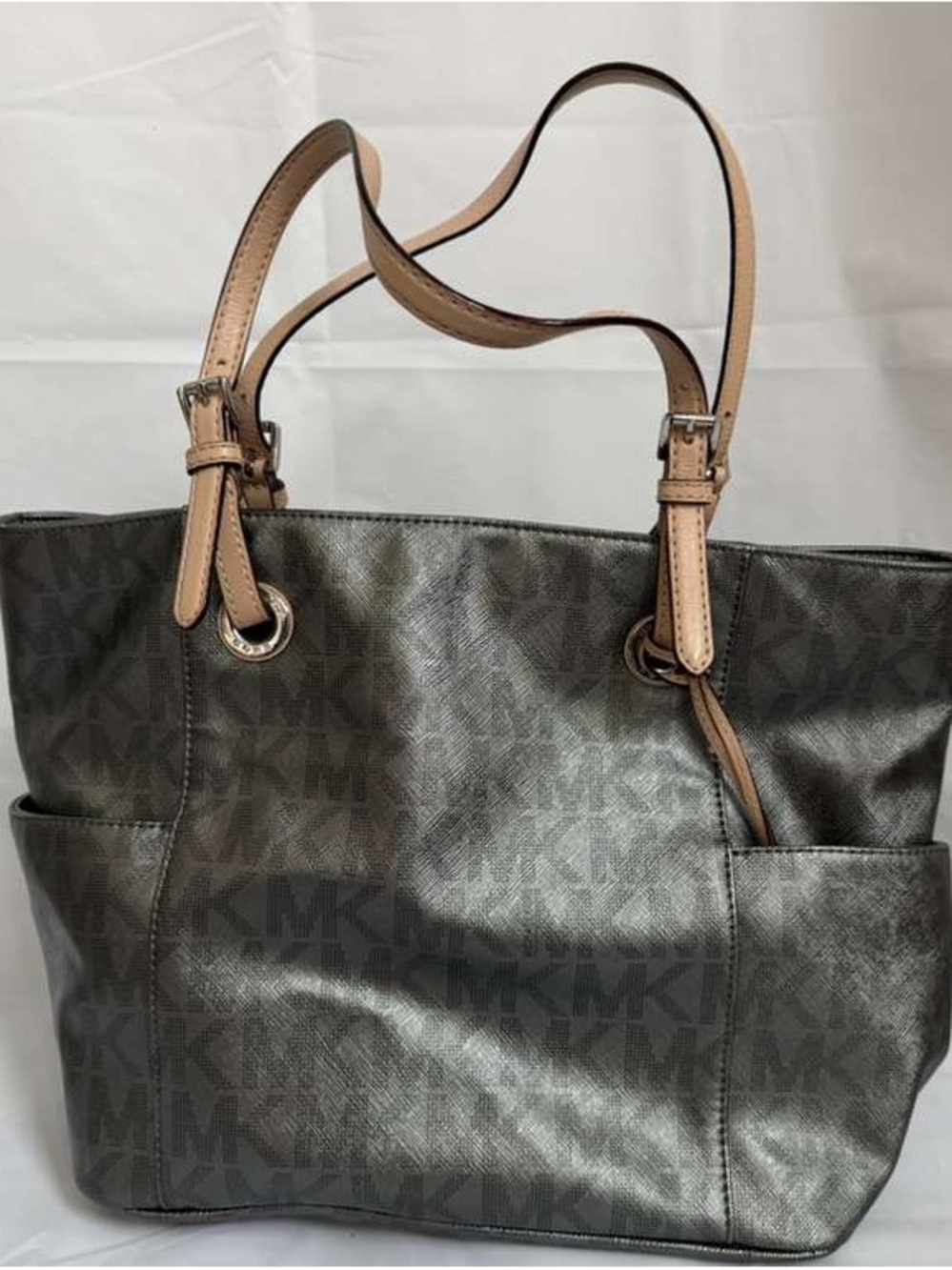 Michael Kors Metallic Gray Tote with Tan Leather Handles